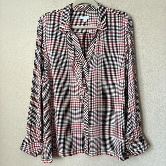 J. Jill Glen Plaid Ruffle Front Button Up Long Sleeve Shirt Blouse Top - Picture 2 of 11